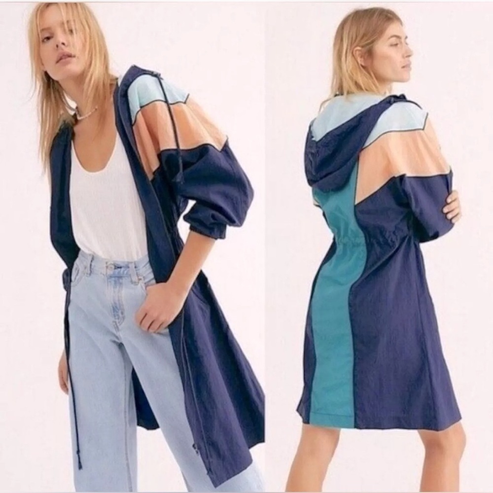 Free People Surfrider Windbreaker Hooded Colorblock Longline Jacket M